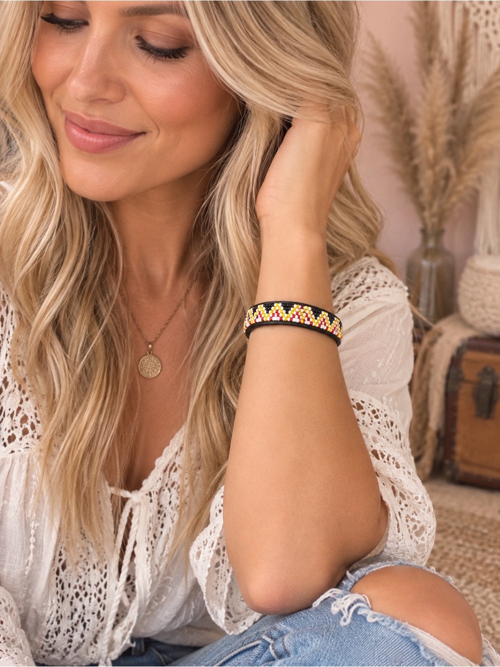 Beaded Tribal Pattern Bracelet - Black with Yellow & Pink Accents